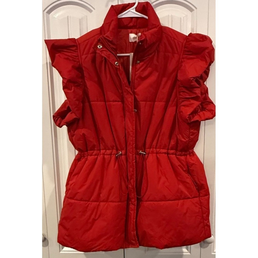 No Regrets Puffer Vest Women's M Red NWT Quilted Ruffle Waist Cinch